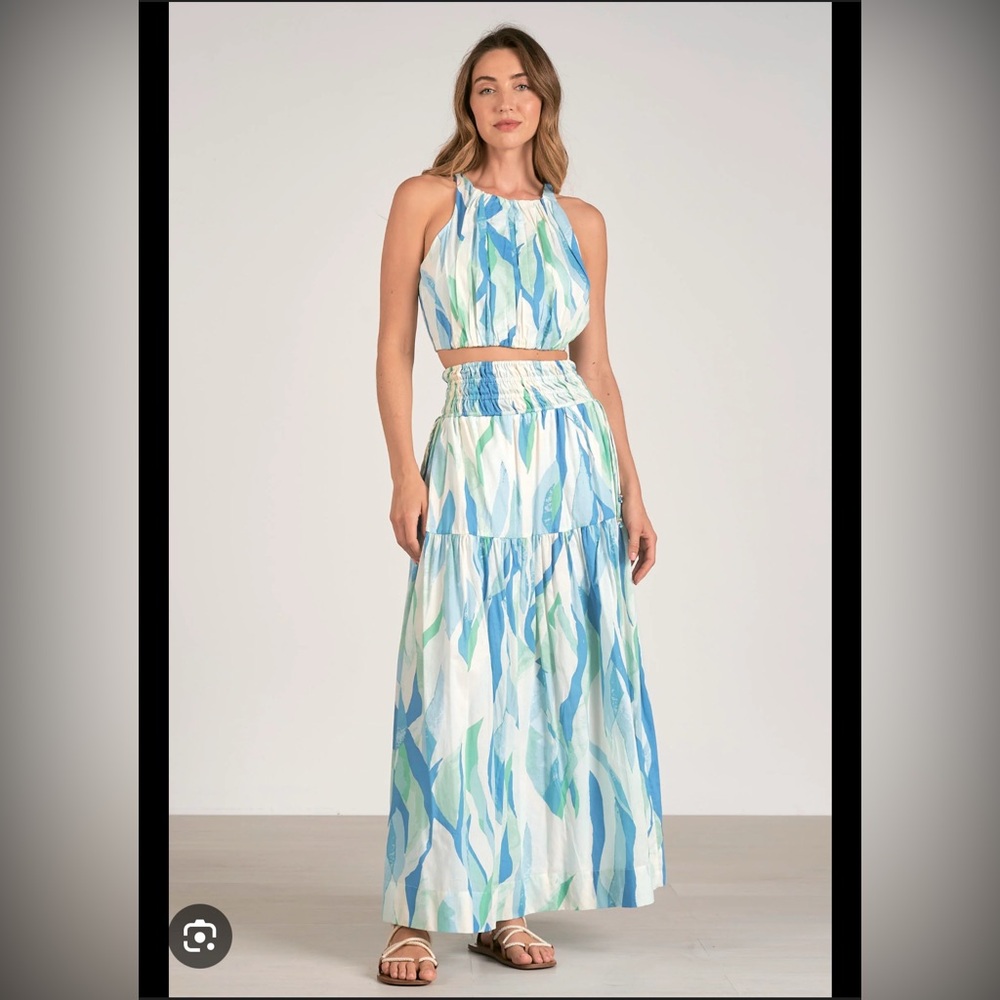 ELAN Crop Top and Smocked Waistband Midi Skirt Set